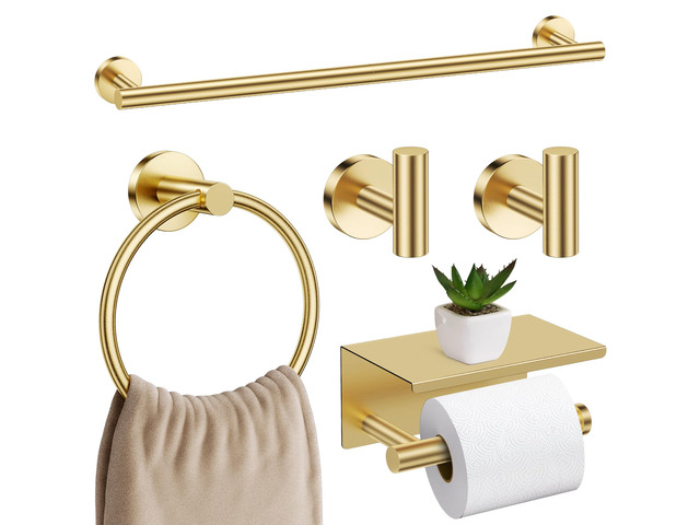 Brushed Gold Bathroom Hardware Set, 5 Pieces Gold Towel Bar Bathroom Accessories, Upgraded Toilet Paper Holder with Shelf Set, 23.6 Inch Towel Rack...