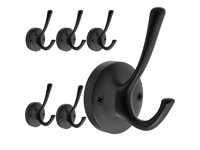 Black Wall Hooks, 6 Pack Coat Towel Hook Heavy Duty Metal Double Bath Robe Hook Wall Mounted, Hat Hooks for Cubicle Bathroom Kitchen Closet Garage