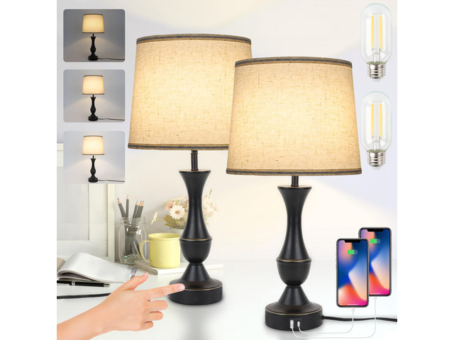Touch Table Lamps Set of 2, Farmhouse Table Lamp with USB Charge 3 Way Dimmable Nightstand Lamps with Linen Fabric Lampshade for Bedroom, Living...