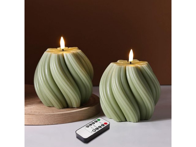 Sage Green Swirl Flameless Candles with Remote Timer Flickering LED Round Candle, Real Wax Coating, 2 AA Battery Powered, Aesthetic Home Shelf...