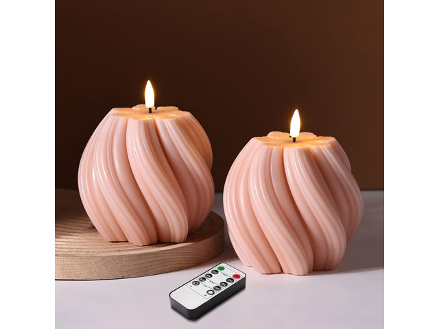 Dusty Pink Swirl Flameless Candles with Remote Timer Flickering LED Round Candle, Real Wax Coating, 2 AA Battery Powered, Aesthetic Home Shelf...