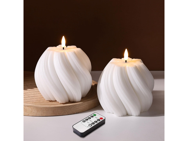 White Swirl Flameless Candles with Remote Timer Flickering LED Round Candle, Real Wax Coating, 2 AA Battery Powered, Aesthetic Home Shelf Decor 2 Pack