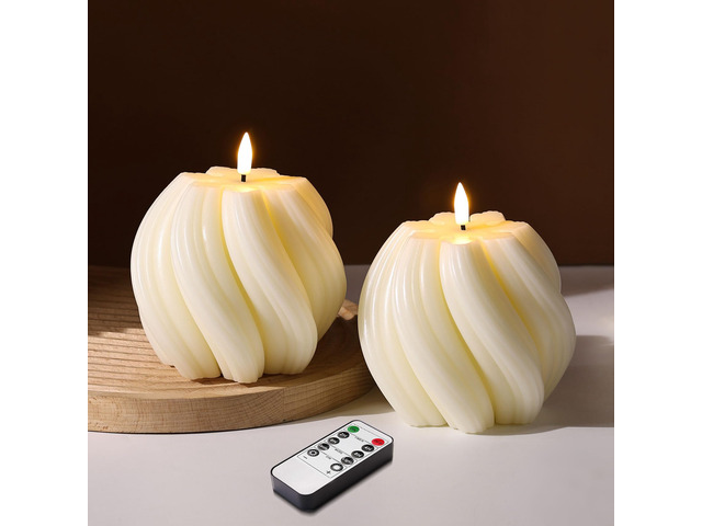 Cream White Swirl Flameless Candles with Remote Timer Flickering LED Round Candle, Real Wax Coating, 2 AA Battery Powered, Aesthetic Home Shelf...