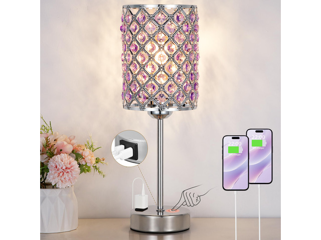 Crystal Lamps for Night Stands, Purple Table Lamp for Bedroom lavender lamp, Small Touch Control Lamp with USB C+A Ports & AC Outlet, 3-Way...