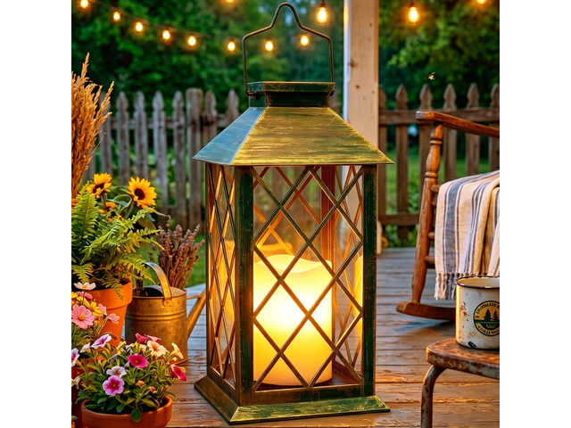 14'' Large Tempered Glass Solar Lanterns Outdoor Waterproof Bronze retro solar lantern with flickering flameless candles, ideal decoration for...