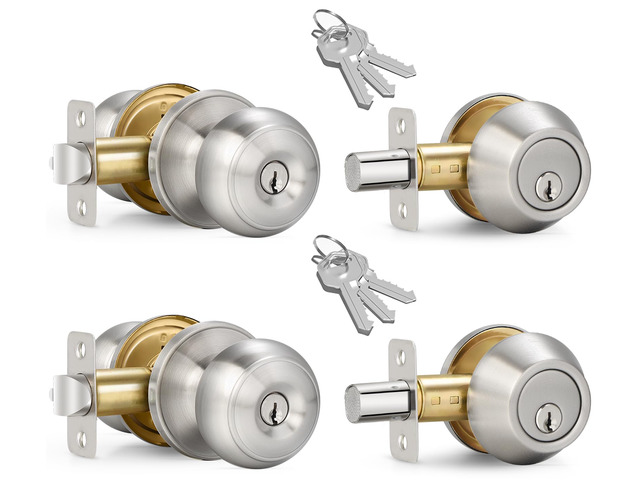 2 Sets Entry Door Knob and Single Cylinder Deadbolt Combo Set, Keyed Alike Round Ball Satin Nickel Interior/Exterior Door Knobs with Lock and Keys...