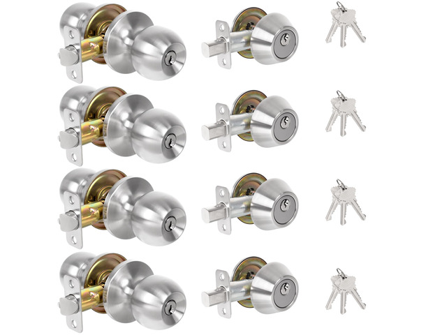 Keyed Same Exterior Door Lock Set, Front Door Lock Set, Satin Nickel, 4Pack Single Cylinder Deadbolt Lock and Door Knob Set, Keyed Alike Entry Door...