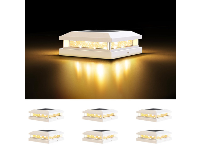 4x4 5x5 Solar Post Cap Lights Outdoor 6-Pack White for Vinyl/Wooden Post, 16LEDs, Warm/Cool White, Waterproof, Solar Powered Fence Post Lights for...