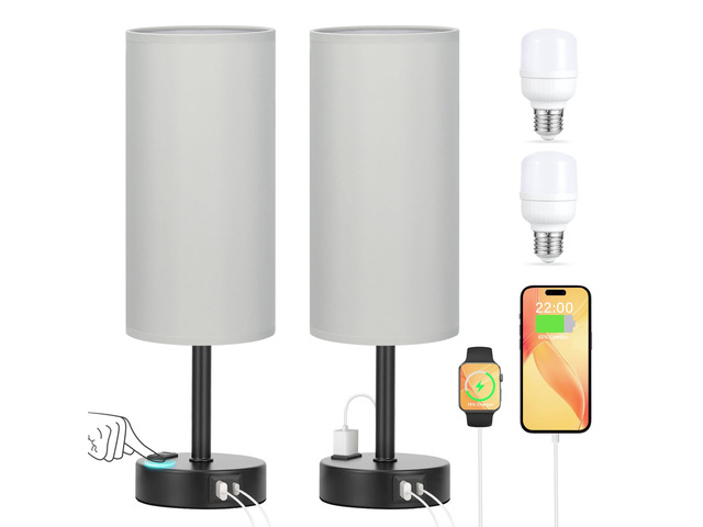 Grey Touch Table Lamps Set of 2-3 Way Dimmable Bedroom Lamps for Bedside with USB C and A Ports, Small Nightstand Lamps with AC Outlet, Desk Lamps...