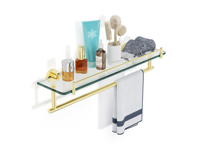 20 Inch Brushed Gold Bathroom Towel Rack with Tempered Glass Shelf, Wall Mounted Towel Holder Storage Organizer for Bathroom