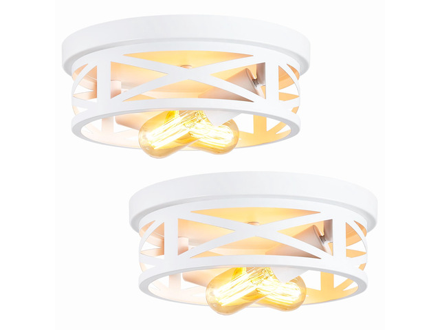 2 Pack Flush Mount Ceiling Light, White Hallway Light Fixture, Metal Cage, for Kitchen Entryway, E26 Base