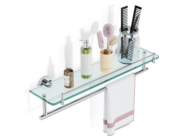 20-Inch Floating Tempered Glass Bathroom Shelf with Towel Bar - Chrome Polished & Stainless Steel, Wall Mount