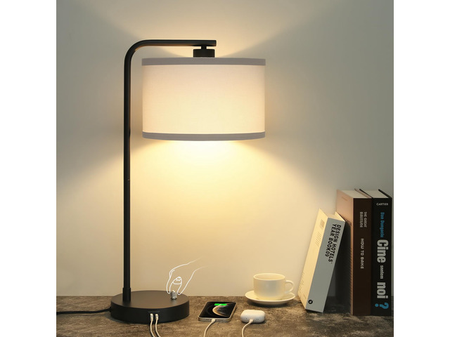 Table Lamp for Bedroom with USB C+A Ports, Fully Stepless Dimmable Farmhouse Bedside Lamp Nightstand Light, Tall Reading Desk Lamp for Living Room,...