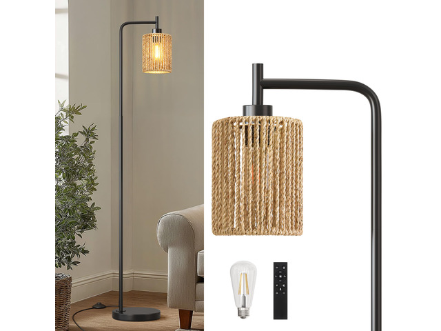 66' Black Floor Lamp for Living Room, Boho Floor Lamp with Remote Control and LED Bulb, Rattan Shade, Industrial Tall Farmhouse Standing Lamp for...