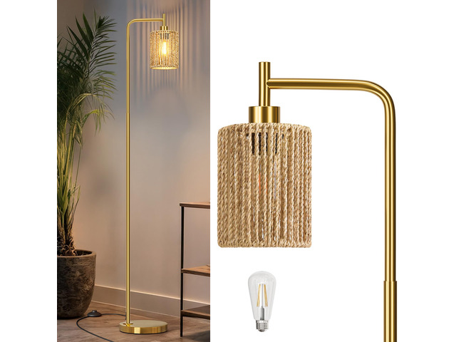 66' Gold Floor Lamp for Living Room, Boho Floor Lamp with LED Bulb, Foot Switch, Rattan Shade, Industrial Tall Farmhouse Standing Lamp for Bedroom,...