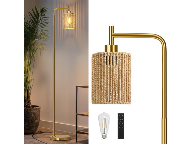 66' Gold Floor Lamp for Living Room, Boho Floor Lamp with Remote Control and LED Bulb, Rattan Shade, Industrial Tall Farmhouse Standing Lamp for...