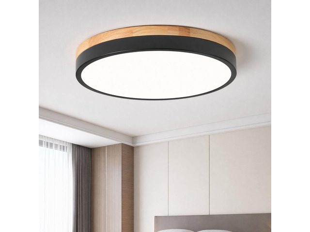 Modern Wood Black Flush Mount Ceiling Light 11.81 Inch Round LED Low Profile Lighting Fixture For Kitchen Bedroom Bathroom Laundry Hallway Entryway...