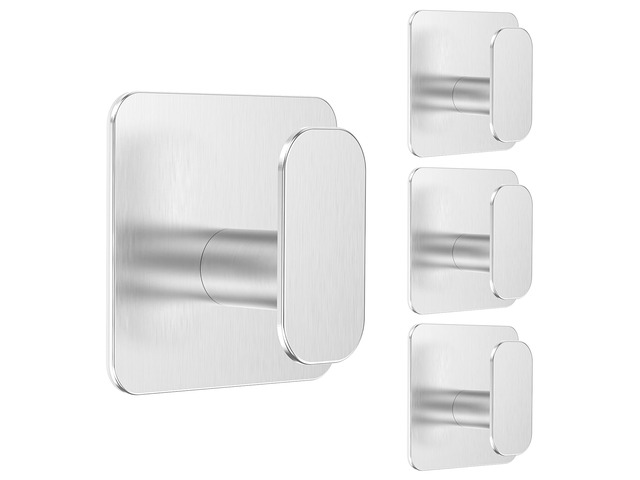 4 Pack Large Heavy Duty Wall Hooks - 26lb Max, Stainless Steel Adhesive Towel Hook, Shower Hooks for Hanging Towel, Coat, Robe, Sticky Wall Mount...