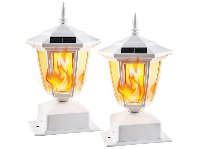 2 Pack Solar Flame Post Lights Outdoor, Solar Powered Lamps Fence Post Cap Lights, Flickering Flame LED Lantern Waterproof for Garden Deck Patio,...