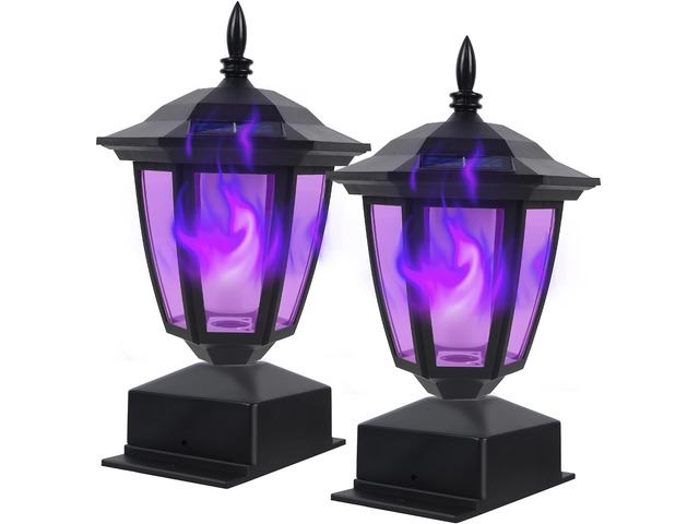 Solar Flame Post Cap Lights Outdoor, Halloween Flickering Purple Flame Post Lights, Solar Powered LED Lantern Waterproof for Garden Deck Fence...