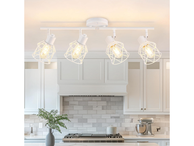 4-Lights Kitchen Light Fixtures Ceiling Mount, Adjustable Multi-Directional White Flush Mount Ceiling Light Fixture with Metal Cage, Modern Spot...