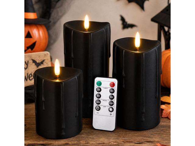 Black Real Wax Dripping Halloween Flameless Pillar Candles with Remote Battery-Operated 3D Flickering Flame Black Flameless Candles with Remote and...
