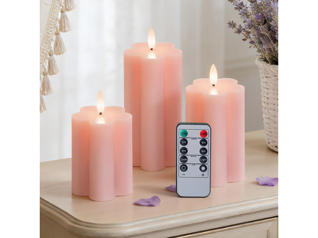 Pink Flower LED Real Wax Flameless Battery-Operated Pillar Candles Flameless Candles with Remote and Timer 3D Flickering Flame, Melted Edge, 3' x...