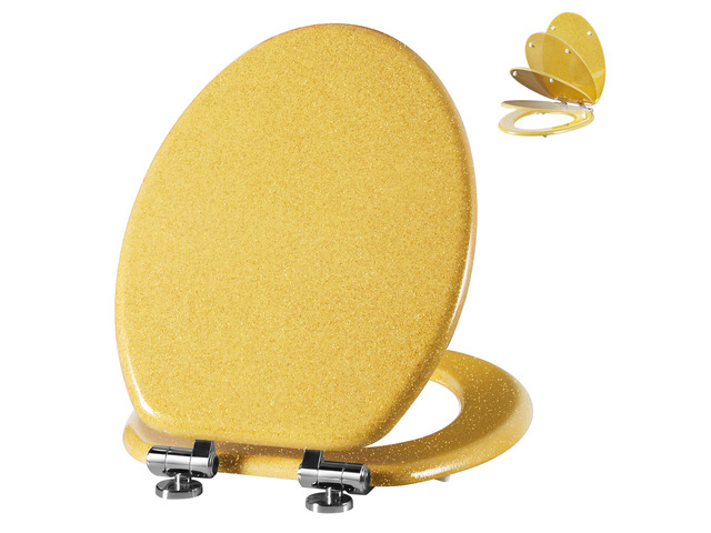 Glitter Toilet Seat, Slow Close (Elongated, Yellow) Molded Wood Elongated Toilet Seat, Quiet Close, Quick Release Hinges, Easy to Install and Clean