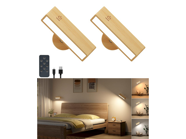 Wooden Wall Sconce Battery Operated with Remote,Rechargeable Wall Lights for Bedroom with 3 Color Temperature, Magnetic, Stick-On, Dimmable Wall...