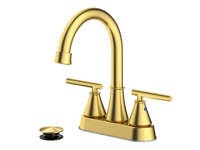 Bathroom Sink Faucet 4 Inch 2 Handle Centerset Brushed Gold Lead-Free Modern Bathroom Faucet Vanity Faucet with Pop-up Drain Stopper and Supply Hoses