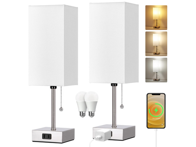 Touch Control Bedside Lamp, 3 Way Dimmable Nightstand Lamp with 2 USB Ports & AC Outlet, Modern Style, White Fabric Shade