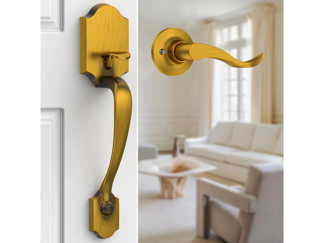 Antique Brass Front Door Handle No Lock, Classic Exterior Door Handle, Entry Door Handle Reversible for Left & Right Hand Doors