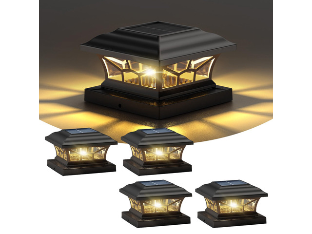 4 Pack Solar Post Cap Lights Outdoor Waterproof, Dual Light, Black Fits 4x4, 5x5, 6x6 Wooden & Vinyl Posts,Warm & Cool White Light Modes, Fence...
