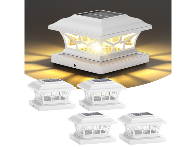 4 Pack Solar Post Cap Lights Outdoor Waterproof, Dual Light, White Fits 4x4, 5x5, 6x6 Wooden & Vinyl Posts,Warm & Cool White Light Modes, Fence...