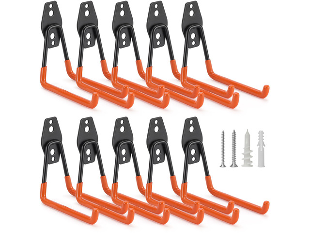 10 Pack Garage Hooks Heavy Duty Storage Organizer Wall Mount Power and Garden Tool Hangers, for Hanging Ladders, Ropes, Hose, Bulk Items