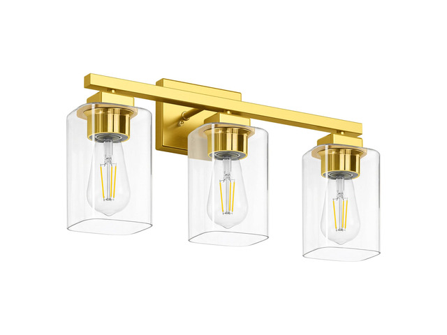 19 Bathroom Light Fixtures Over Mirror, 3-Light Gold Vanity Light Square Clear Glass & Durable Metal, Quick & Easy Installation, Standard E26...