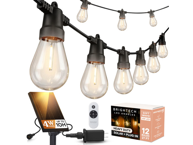 Ambience Hybrid Outdoor String Lights - Dual Plug and Solar Powered Waterproof LED Light String for Outside - 27 Ft, Dimmable 4W, Soft White Edison...