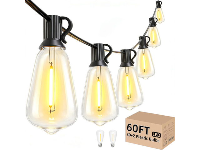 Outdoor String Lights 60 FT, Patio Light Waterproof 32 LED Bulbs Shatterproof ST38 Edison Bulb, Hanging Lighting Connectable For Outside Bistro...