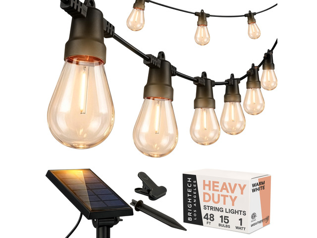 Ambience Pro Solar Powered Outdoor String Lights, 48 ft Commercial Grade Waterproof Patio Lights, 15 Edison Bulbs, Shatterproof LED String Lights...