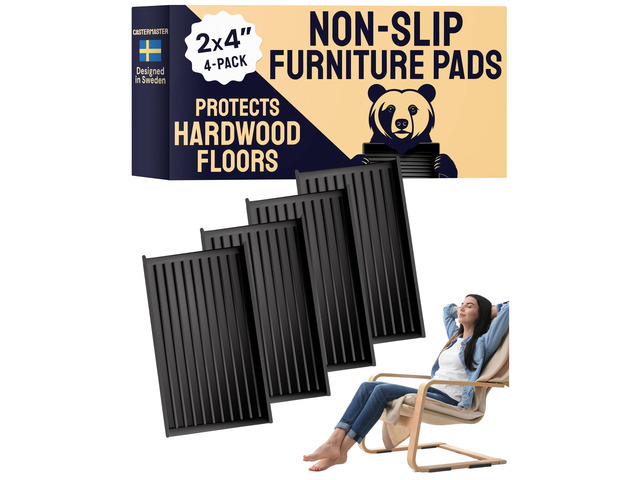 Rectangular Rubber Pads - 2x4 in Black, 4 Pack Anti-skid rectangular caster cups - Use for chairs & furniture, non-slip floor protection