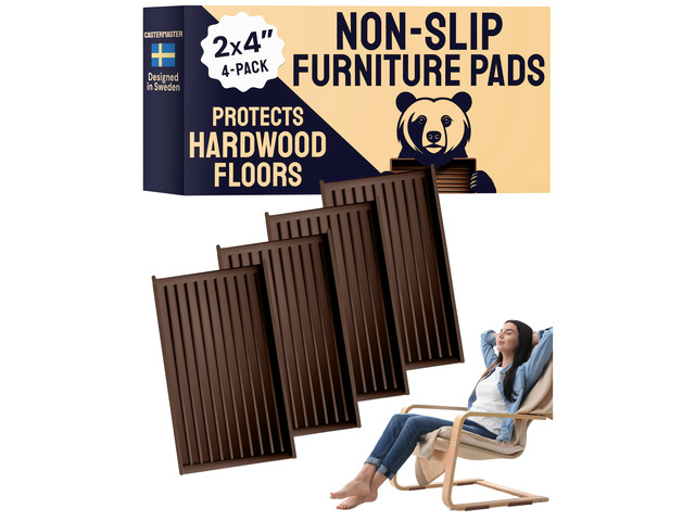 Rectangular Rubber Pads - 2x4 in Brown, 4 Pack Non-slip rectangular caster cups - quiet feet - Use for chairs & furniture on hardwood floors
