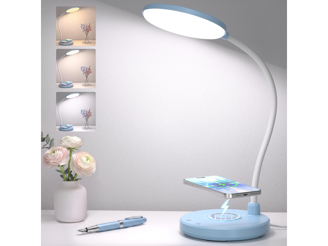 Blue Desk Lamp, Table Lamp with Wireless Charger, 800LM, CRI95+ 3 Color Modes, Stepless Dimming, Small Desk Lamp with Adjustable Neck, Desk Light...