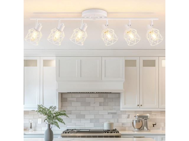 6-Lights White Semi Flush Mount Ceiling Light with Geometric Metal Cage, Modern Kitchen Track Lighting Fixtures Ceiling, Rotatable Close to Ceiling...
