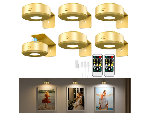 6 Pcs Picture Lights, Rechargeable Battery Operated Dimmable 3-Color Wall Light with Remote & Timer for Paintings, Artwork, Gallery, Wall Decor,...