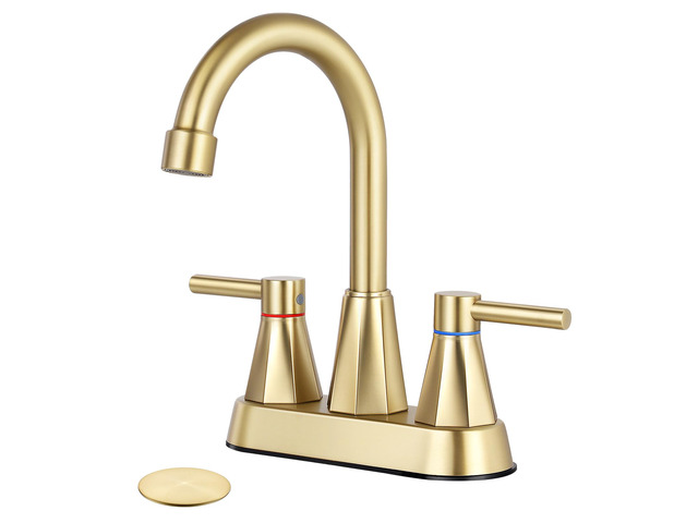 4' Bathroom Sink Faucet, 2-Handle Brush Gold, Pop-Up Drain Included 360° swivel spout, ceramic cartridge, 20% water-saving aerator, RV ready