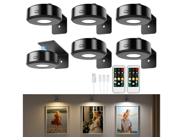 6 Pcs Picture Lights, Rechargeable Battery Operated Dimmable 3-Color Wall Light with Remote & Timer for Paintings, Artwork, Gallery, Wall Decor,...