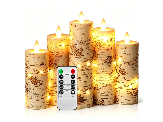 5 Pack Birch Bark Real Wax Flameless Taper Candles, Lifelike Flickering LED Candles with Copper String Lights, Battery Operated Candles with Remote...
