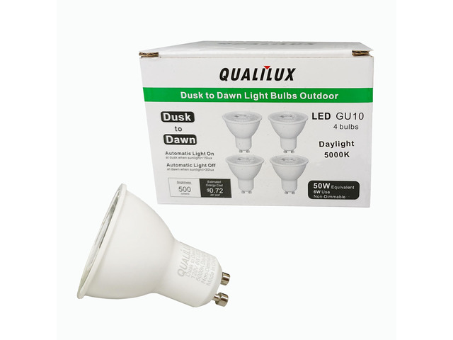 Dusk to Dawn Light Bulbs, Auto On/Off Light Sensing LED Bulbs Outdoor,Daylight, MR16 GU10 4-Pack, 6W 500LM 50W Equivalent, HQ-H045