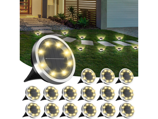 16Pack Solar Ground Lights Outdoor, 8 LED, IP65 Waterproof, Warm White 600mAh Ni-MH battery, 8-10h runtime, stainless steel, ABS and PP body, solar...