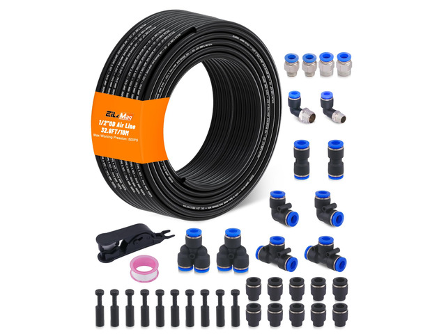 1/2' Air Line Tubing Kit, 32.8FT SAE J844 PA Nylon Air Hose Tubing with Cutter and Teflon Tape, 1/2' Air Hose with Push to Connect Fittings for Air...
